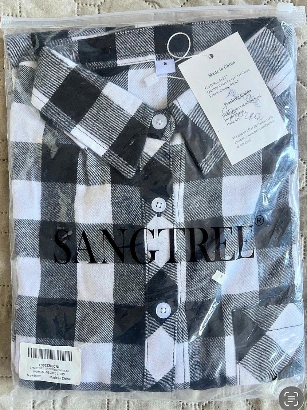 New size S SANGTREE Womens Flannel Shirt Long Sleeve Button up Plaid black white - Picture 2 of 5
